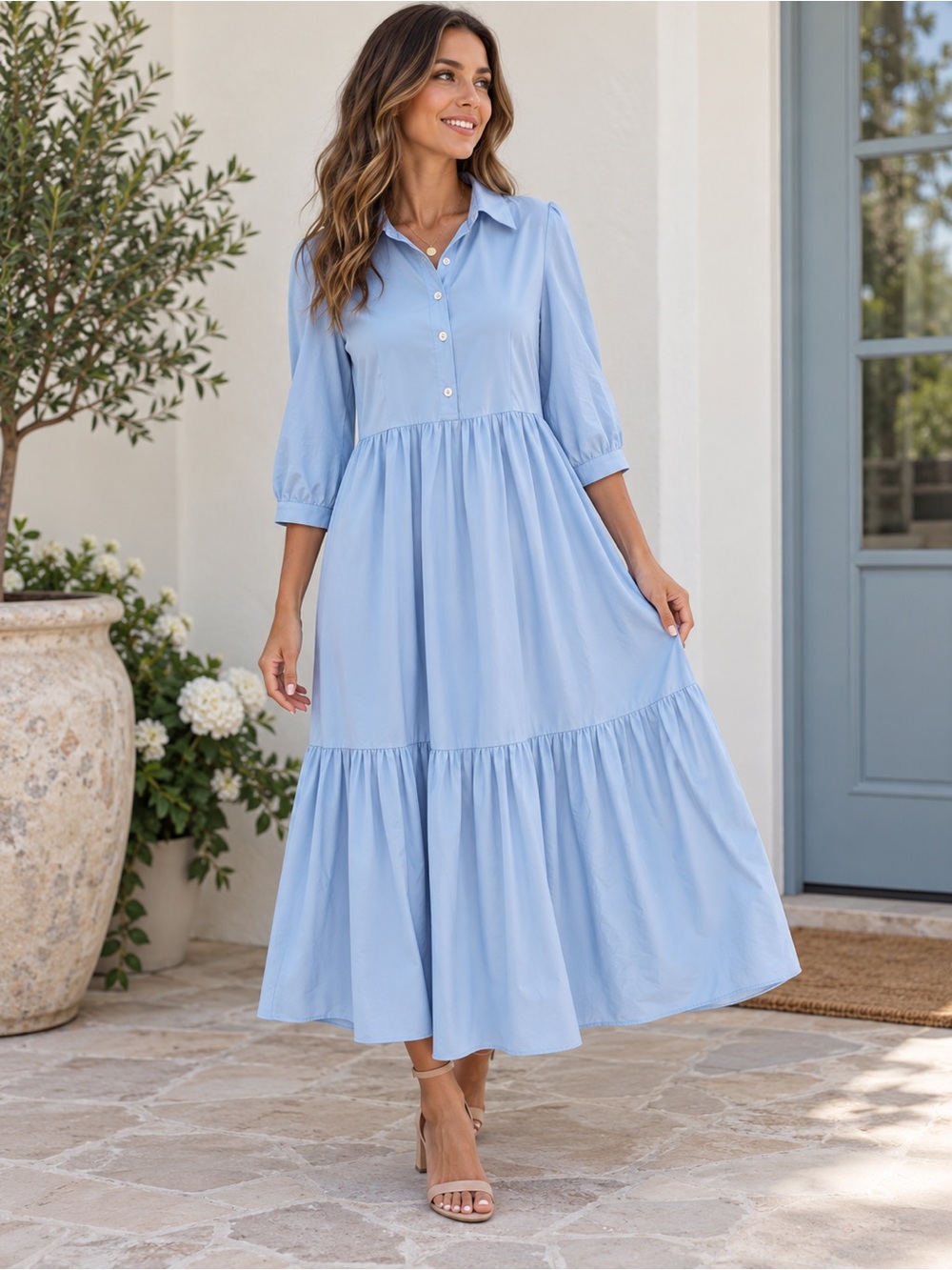 SHEIN Women’s Light Blue Tiered Maxi Shirt Dress Collared 3/4 Sleeve XL